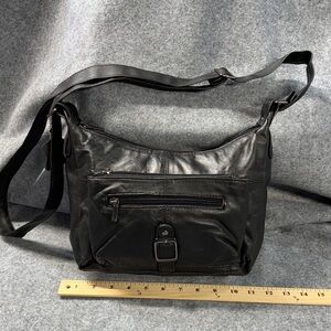 Genuine leather black pebbled leather adjustable strap 3 zip pocket purse bag